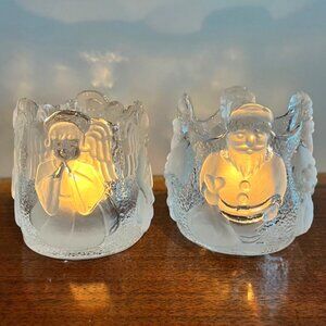 Pair Nybro Sweden Crystal Frosted Glass Angel Santa Votive Candle Holders
